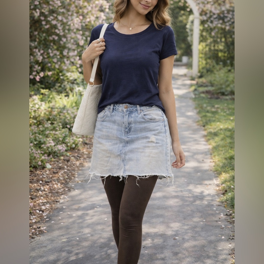 Trio Bundle: Ardene Tee - Size L + Denim Skirt - Size 30+ Brown Tights